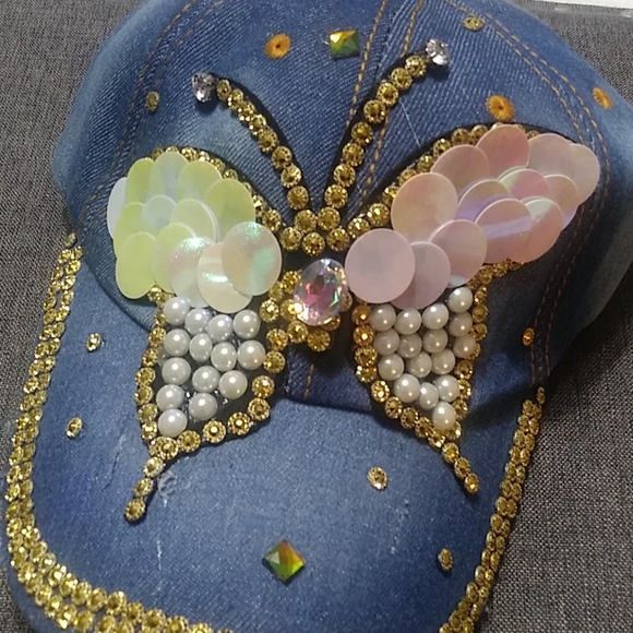 Denim Women's Adjustable Baseball Style Cap w/Butterfly Applique & Gold Accents - Picture 2 of 8